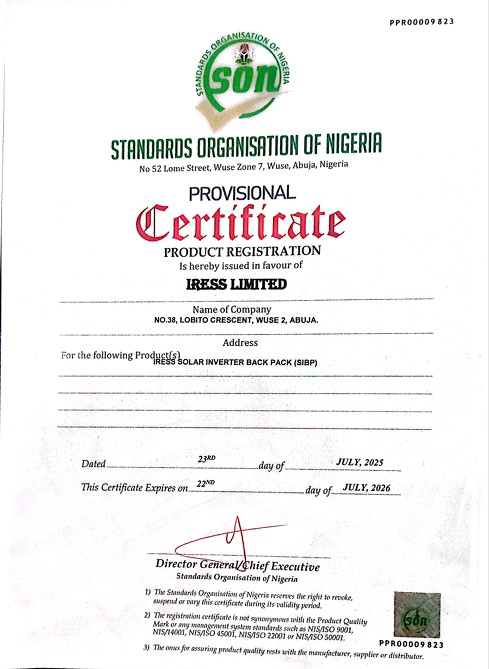 SON Standards Organisation of Nigeria certification