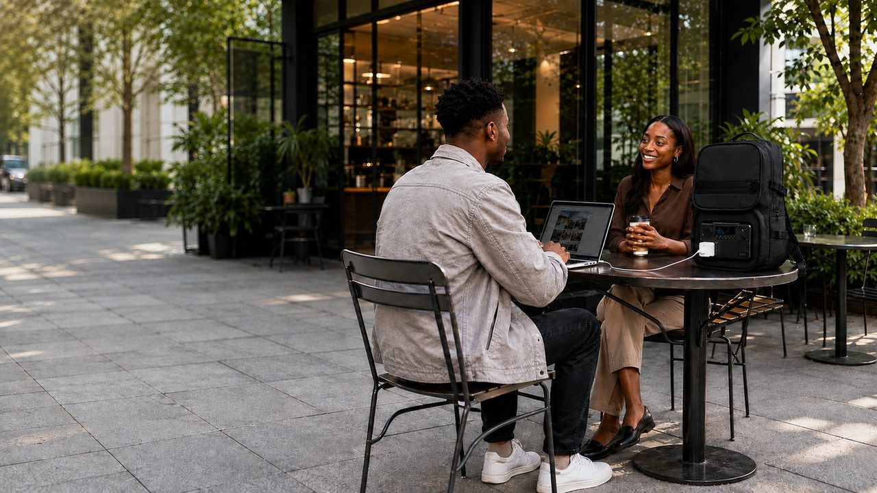 Two professionals working outdoors, laptop charging from an iress backpack