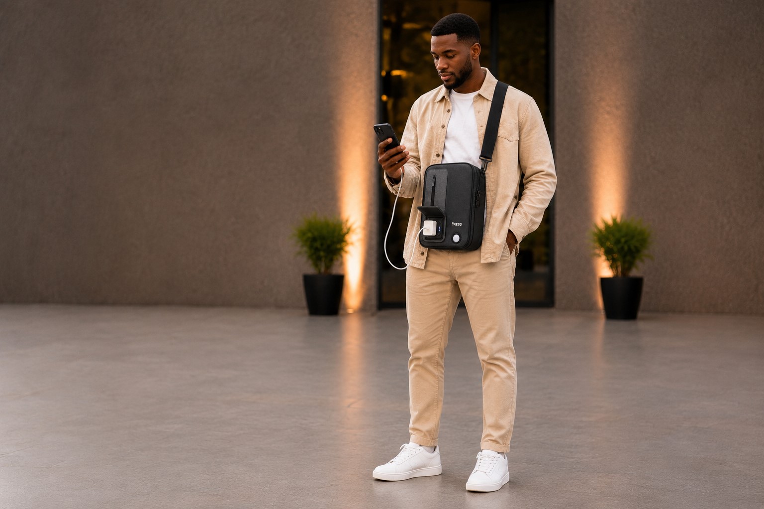 Two professionals working outdoors, laptop charging from an iress backpack