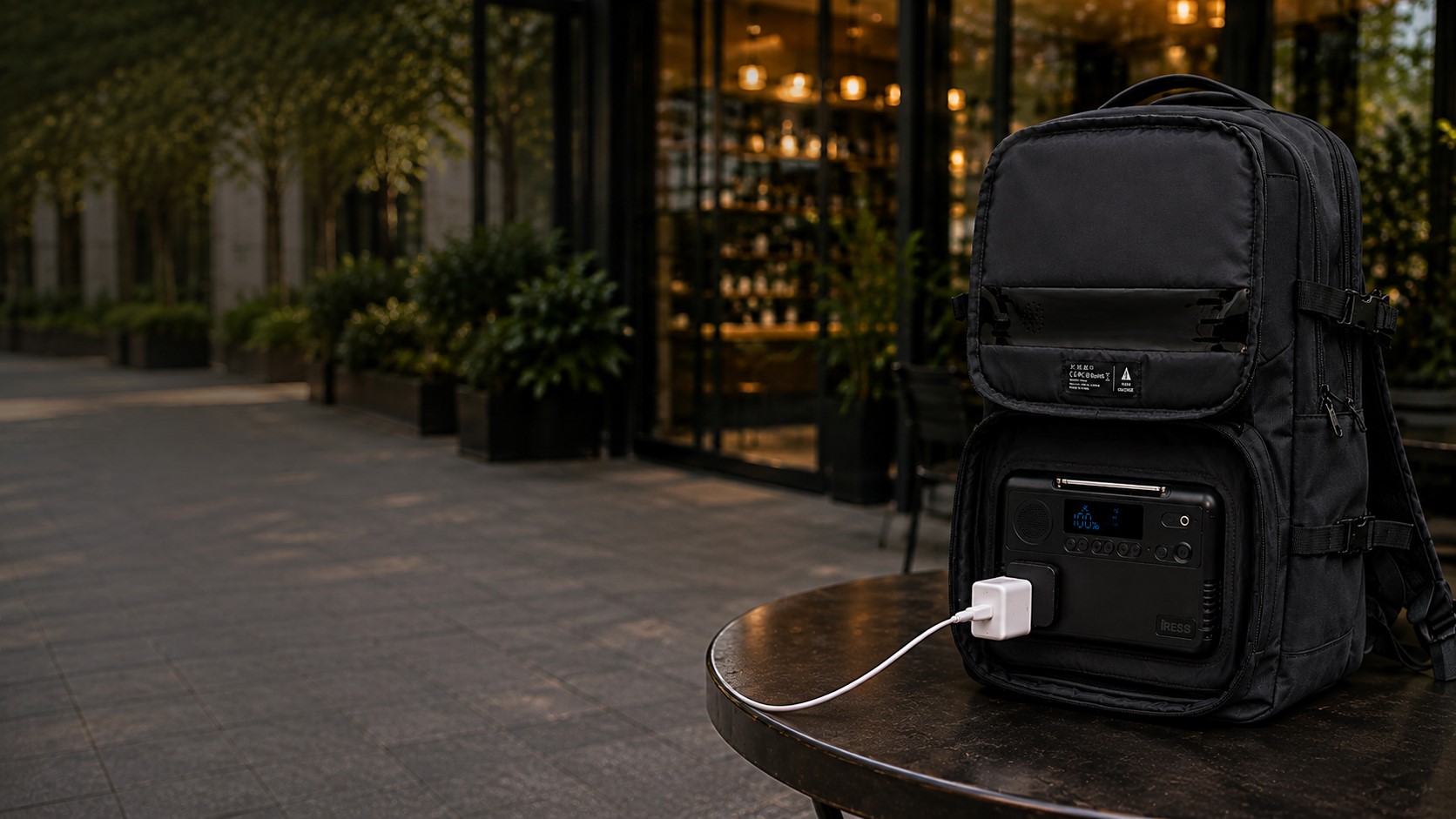 Two professionals working outdoors, laptop charging from an iress backpack