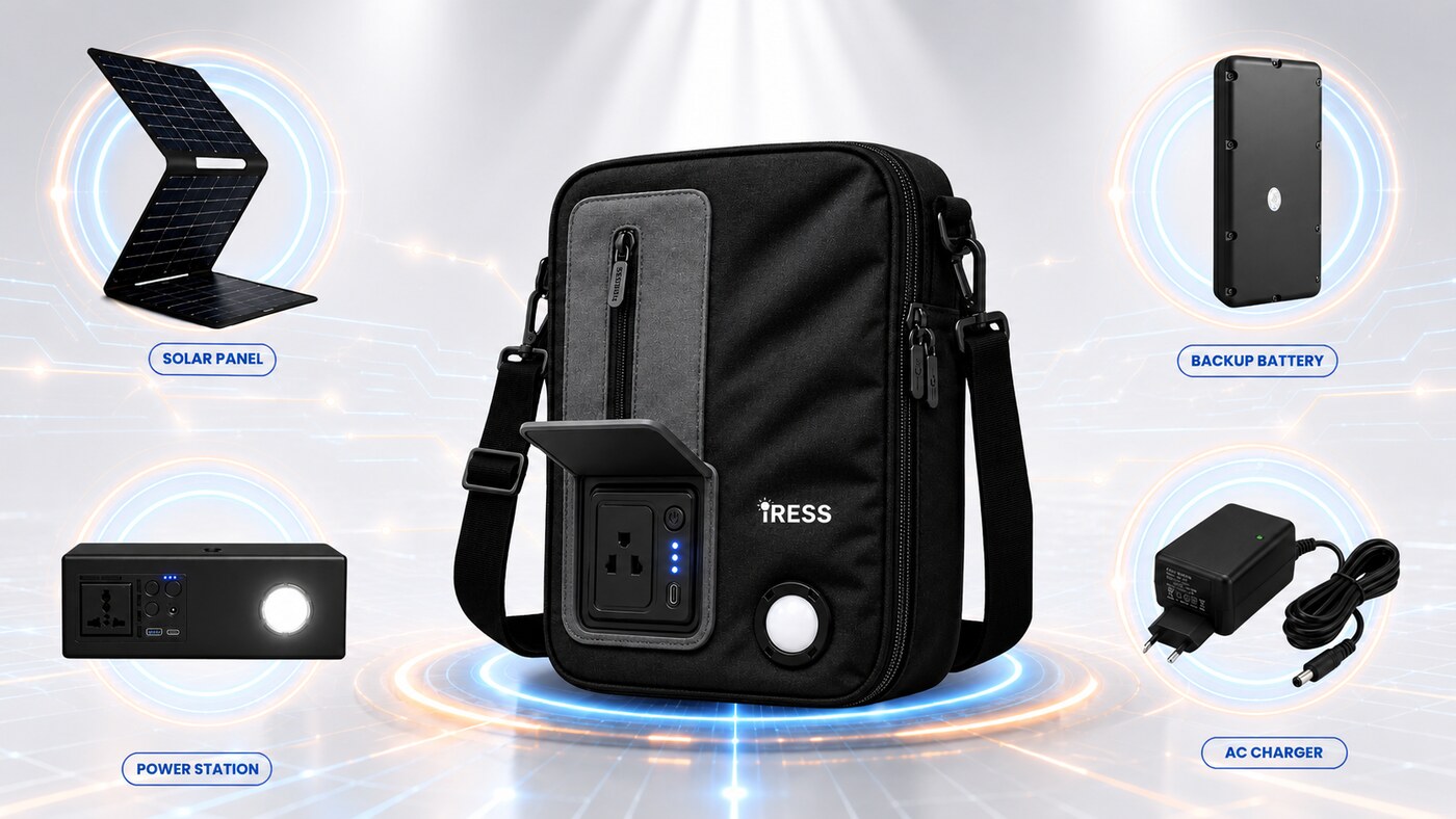 iress i1100 with solar panel, power station, backup battery and AC charger