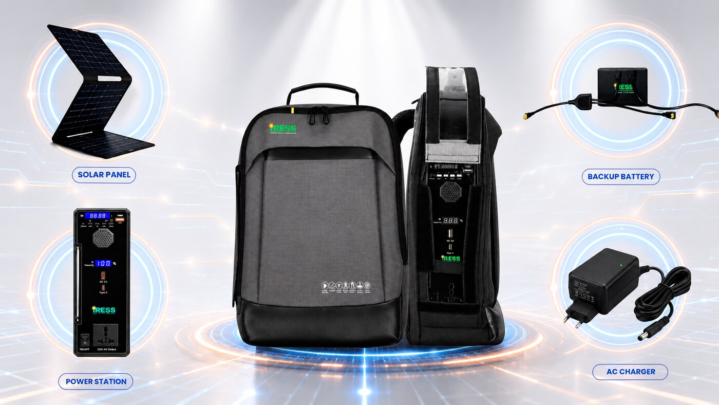 iress i2100 with solar panel, power station, backup battery and AC charger