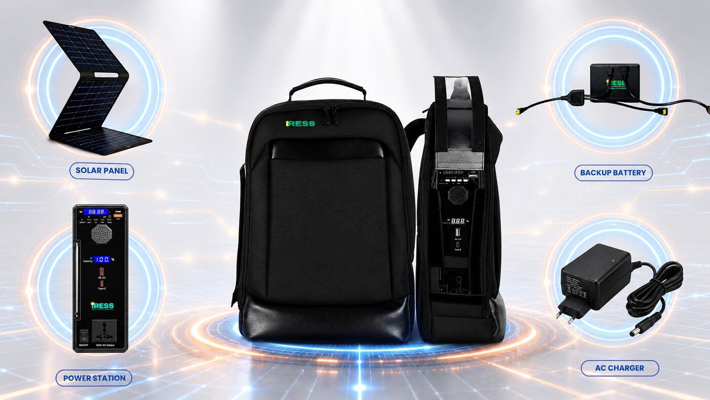 iress i2200 with solar panel, power station, backup battery and AC charger