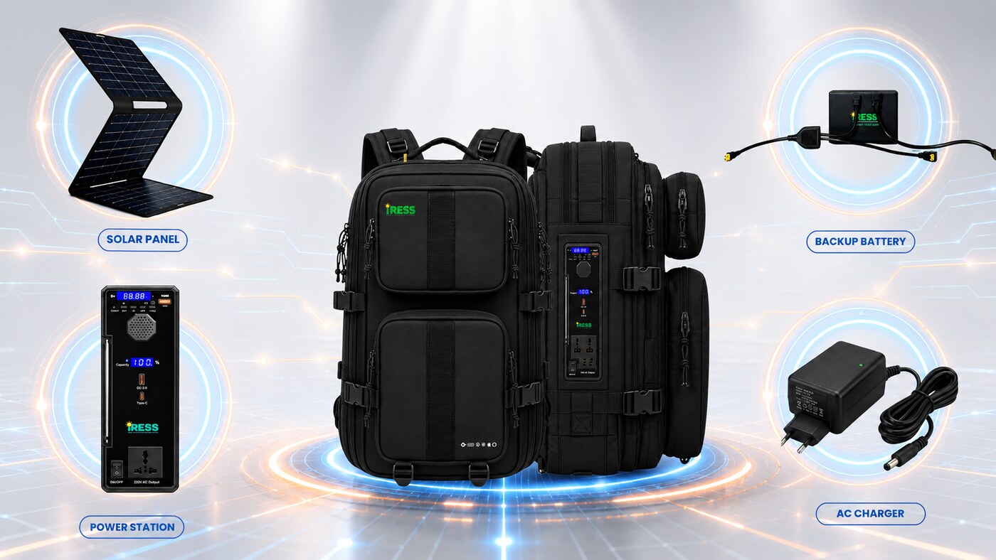 iress i2300 with solar panel, power station, backup battery and AC charger